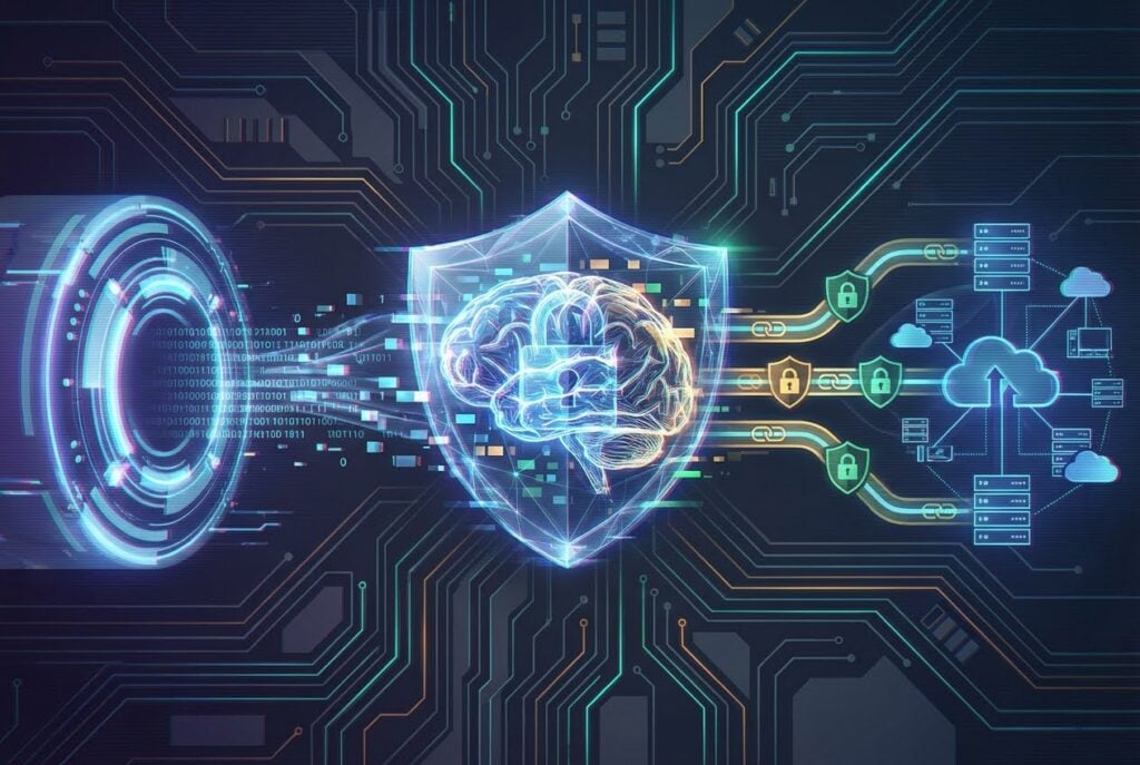 Digital circuit board with a glowing brain inside a shield, connected to secure data chains and cloud storage.