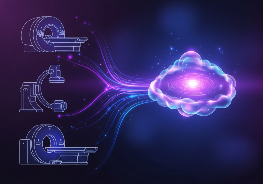 Digital illustration of women's health imaging workflows including mammography, ultrasound, and pelvic MRI connected through cloud PACS