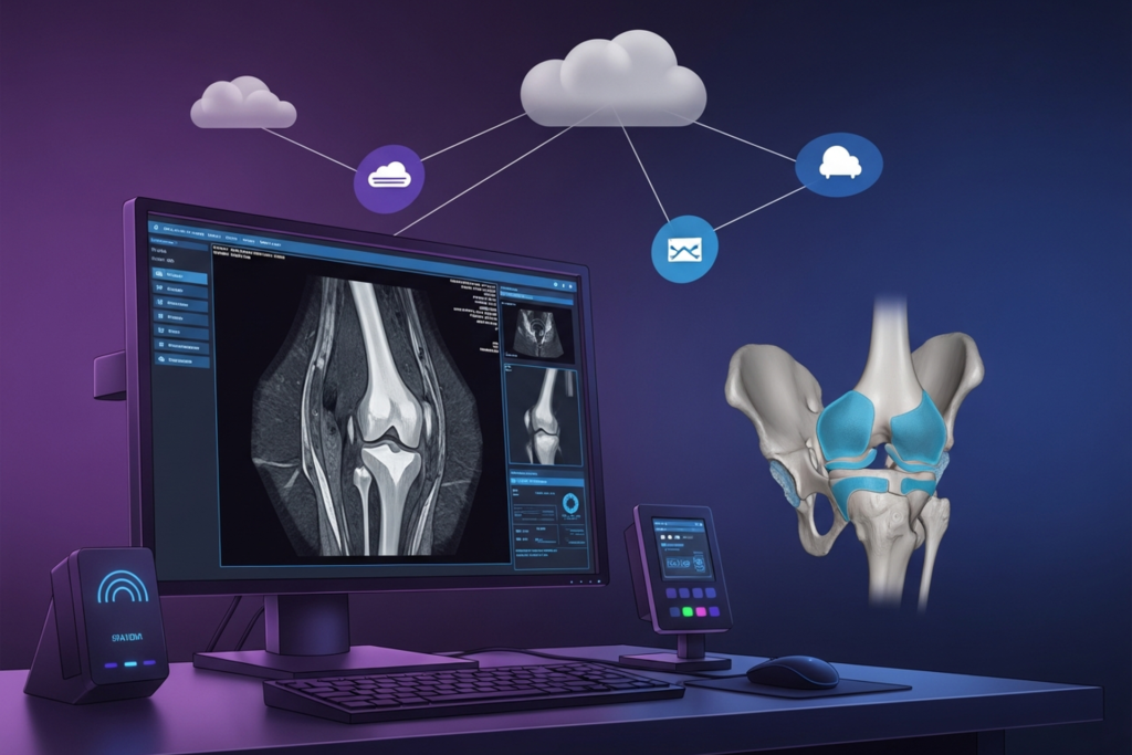 Digital illustration of an orthopedic imaging workstation displaying musculoskeletal MRI series with 3D reconstruction tools