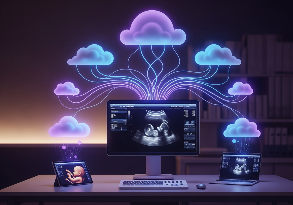 Digital illustration of a prenatal ultrasound imaging suite with fetal scan displayed on a clinical monitor connected to cloud PACS