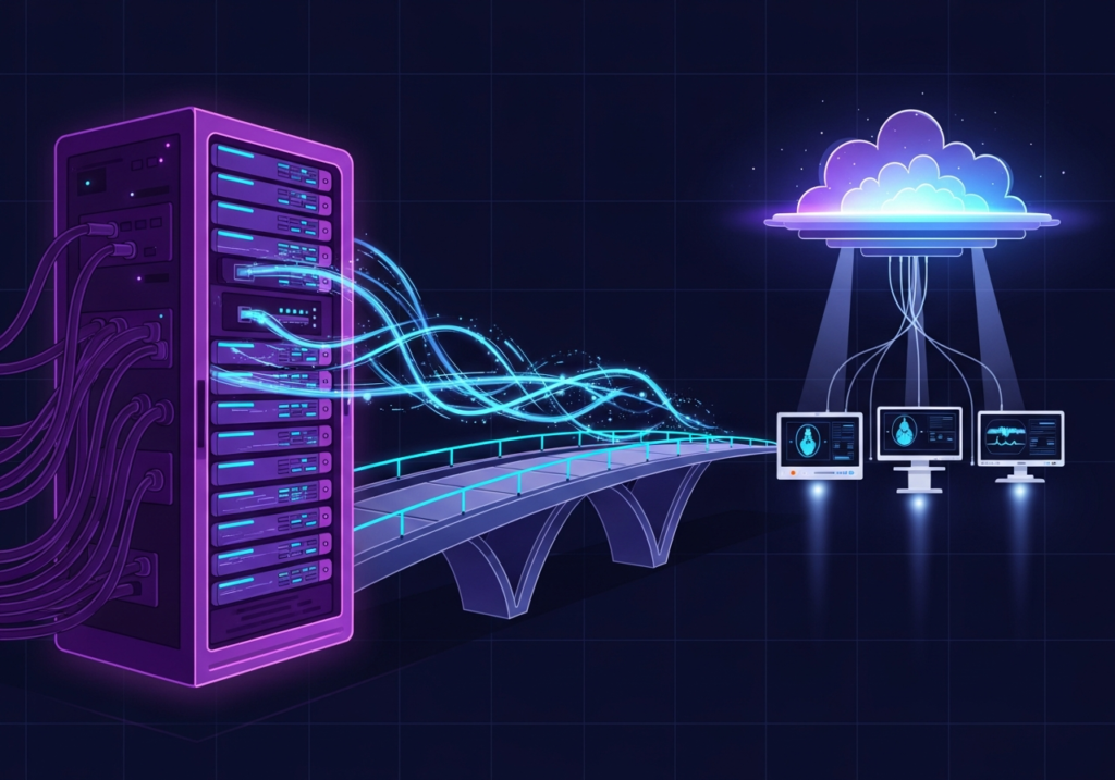 Three-stage diagram showing the SaaS transformation journey in enterprise medical imaging from legacy PACS to cloud-native operations