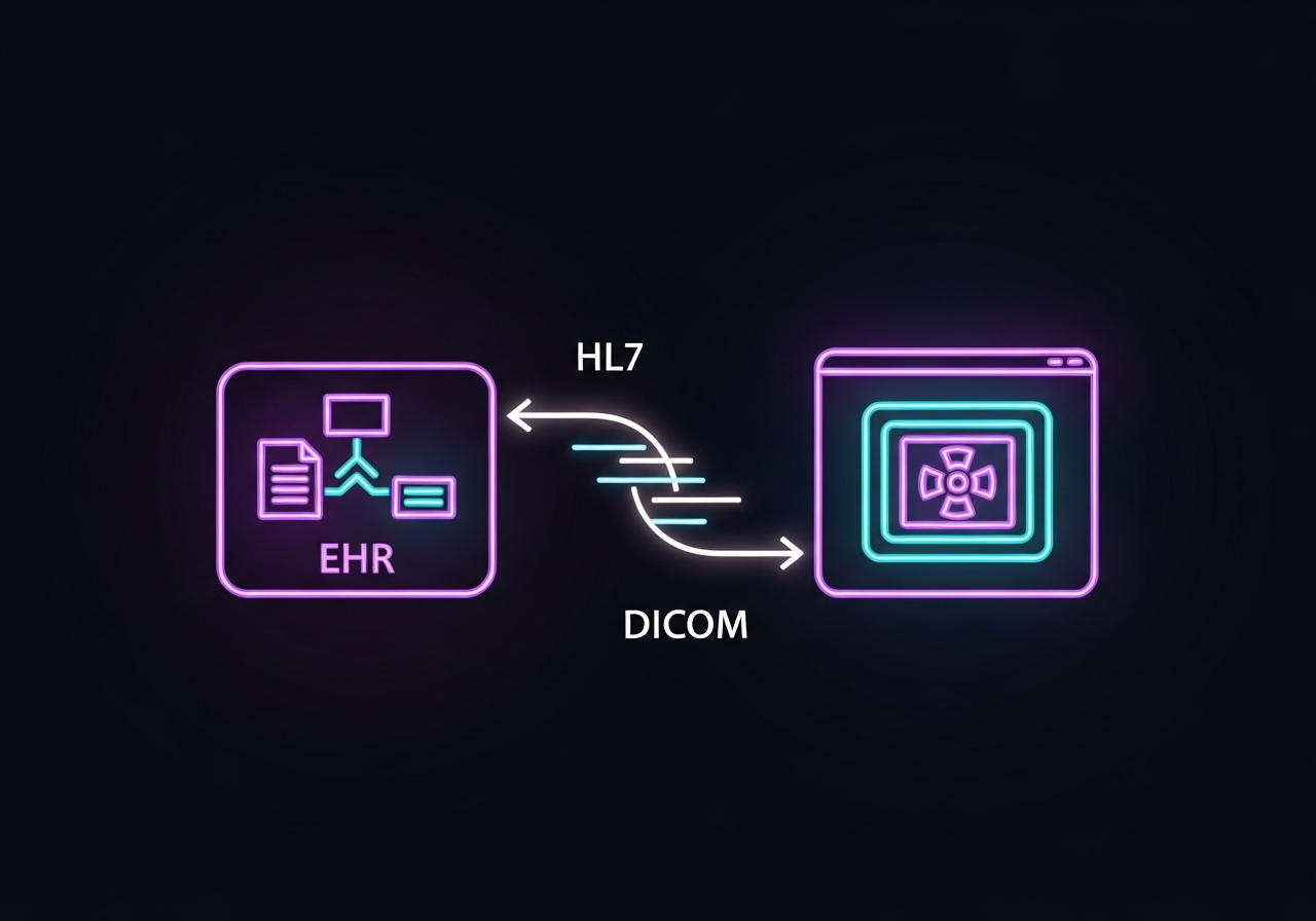 Digital illustration of healthcare IT integration showing a Cerner PowerChart interface connecting to a PACS viewer with DICOM study thumbnails and HL7 data flow arrows