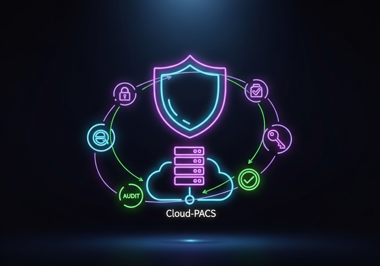 Digital illustration of a cloud server with a shield and certification badge, representing HITRUST security assurance for healthcare imaging