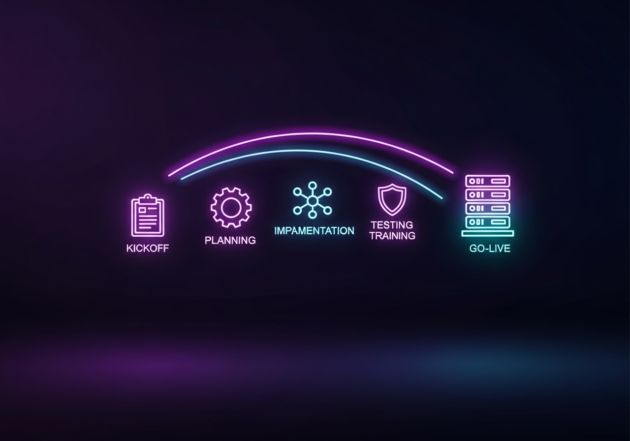 A detailed digital illustration of a radiology IT project timeline showing interconnected phases from kickoff to go-live, with PACS system diagrams and workflow stages