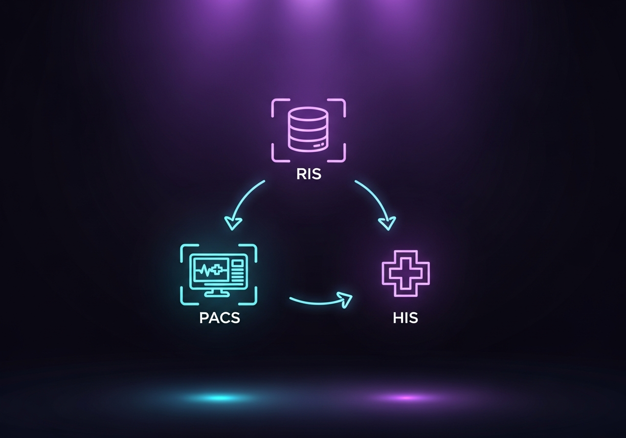 Diagram showing RIS, PACS, HIS, and EHR systems as connected boxes with data-flow arrows between them in a radiology workflow