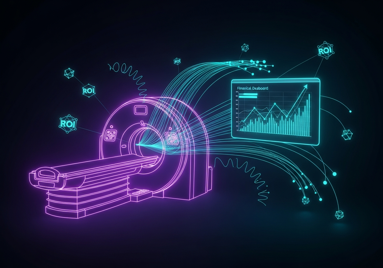 Glowing neon-line illustration of a radiology AI system with purple and cyan accents on a dark navy background, showing a CT scanner connected to data flow diagrams and a financial dashboard