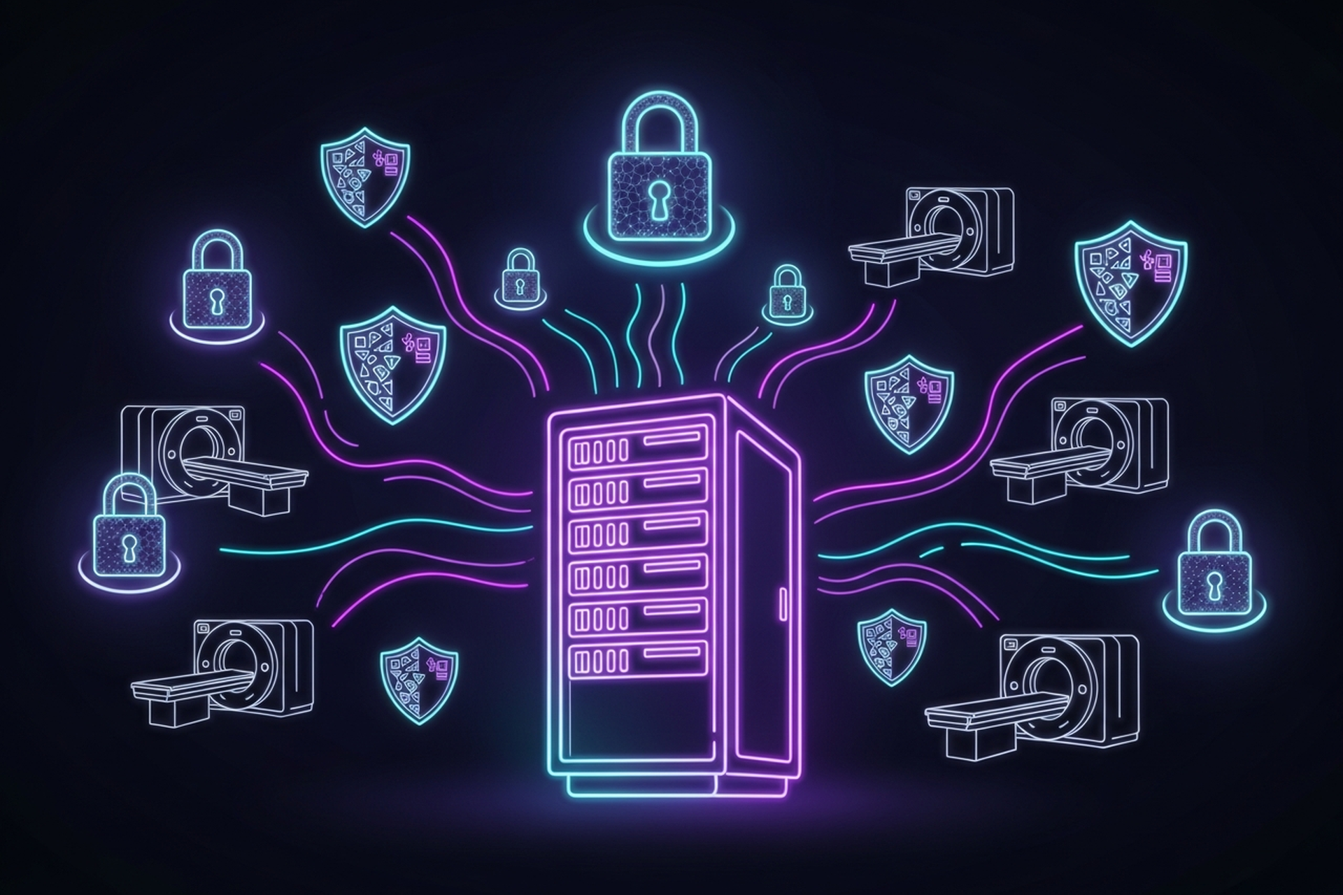 Dark neon-lit illustration of a PACS server with glowing encryption key symbols and TLS protocol lines in purple and cyan