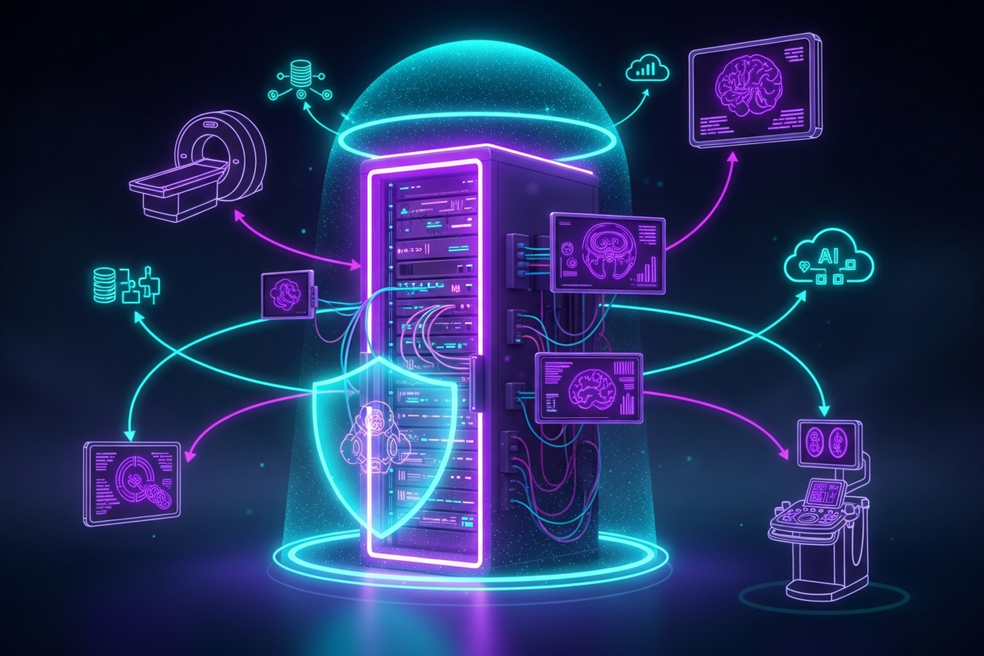 Dark neon illustration of a medical imaging server rack surrounded by glowing security shield and network arc lines in purple and cyan