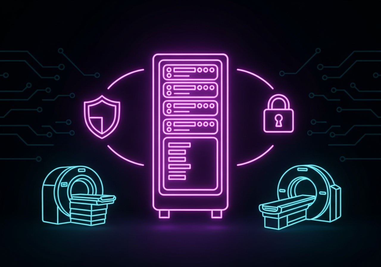 Dark neon illustration of a PACS server rack surrounded by glowing purple lock and shield icons representing HIPAA compliance and medical imaging security
