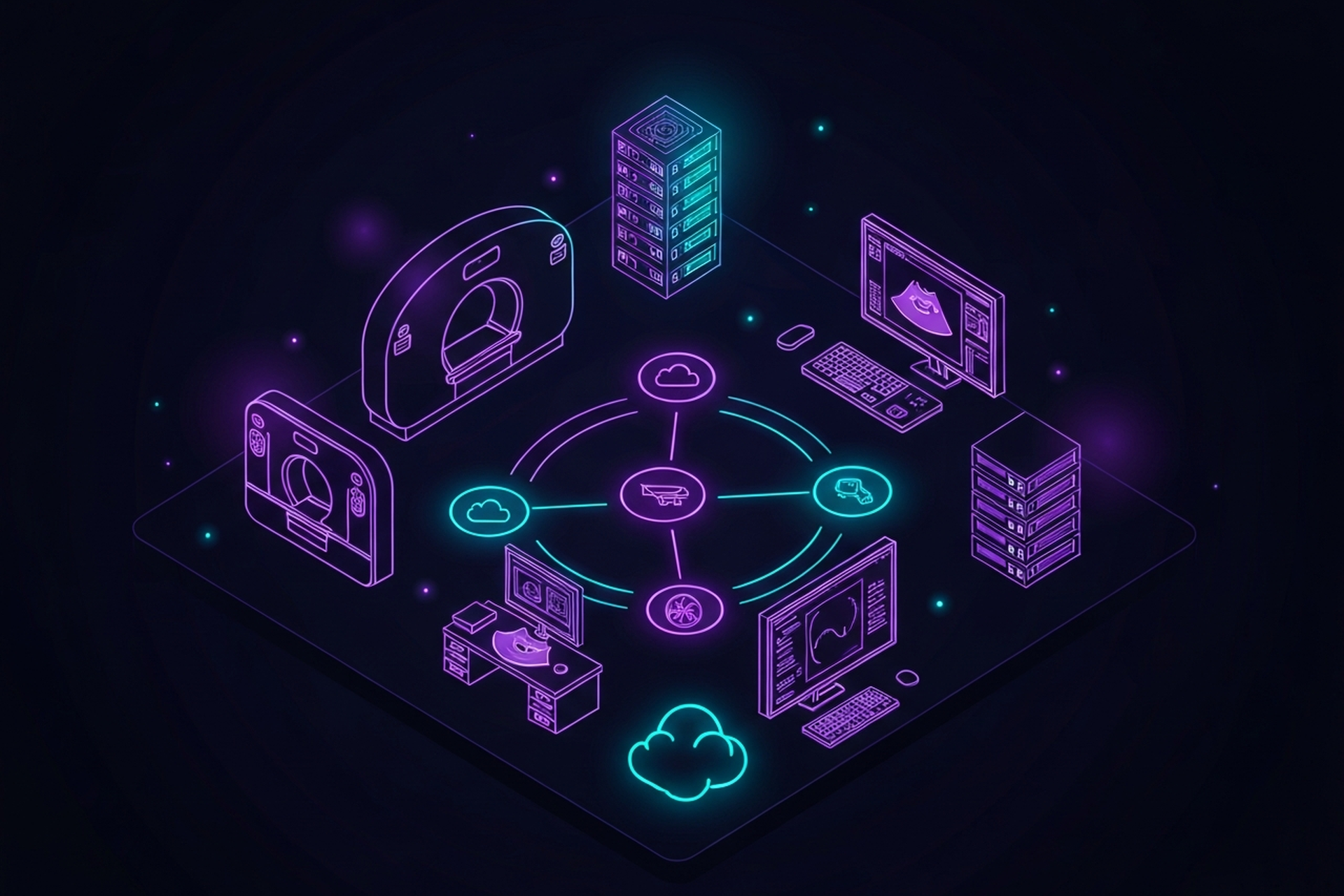 Dark neon-lit illustration of interconnected FHIR resource nodes with glowing purple and cyan arc lines on a deep navy background