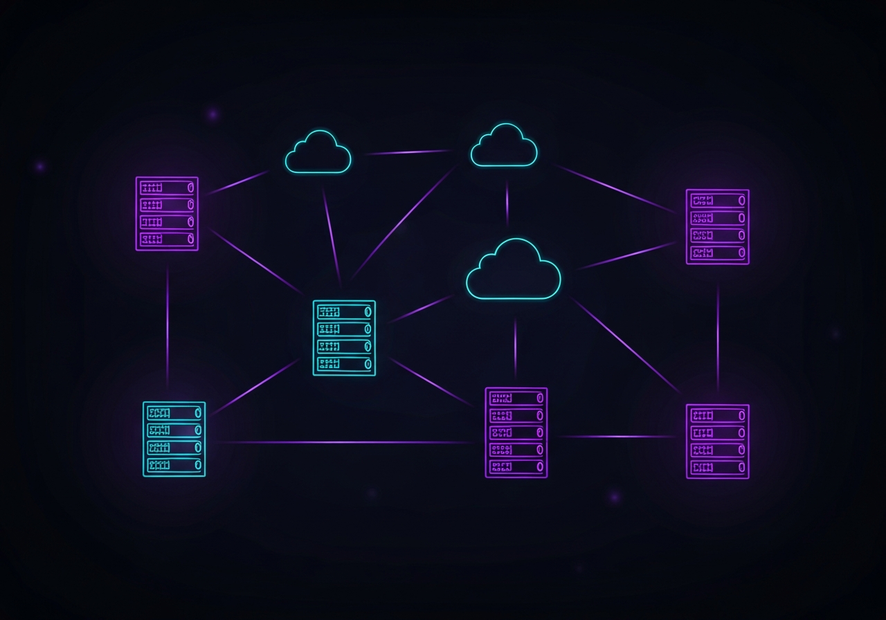 Dark cinematic neon illustration of interconnected server racks and cloud nodes representing multi-site PACS storage architecture with glowing purple and cyan network lines
