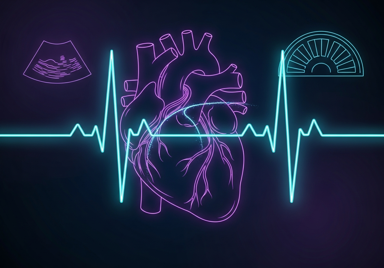 Glowing neon-outline illustration of an ECG waveform and echocardiogram silhouette representing cardiology PACS imaging