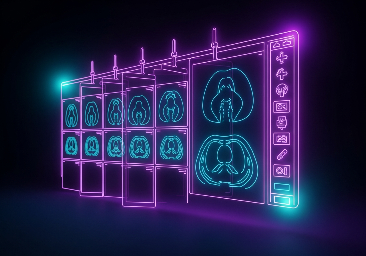 Dark cinematic neon illustration of a stylized DICOM viewer interface with a grid of glowing scan tiles arranged in a hanging protocol layout, purple and cyan rim lighting on a near-black background