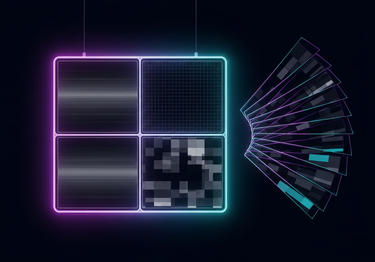 Neon-outlined four-panel radiology hanging-protocol display showing abstract grayscale scan gradients and a heatmap texture, beside a fanned stack of glowing translucent slice-planes representing tomosynthesis reconstruction, with cloud and server icons signifying cloud PACS storage