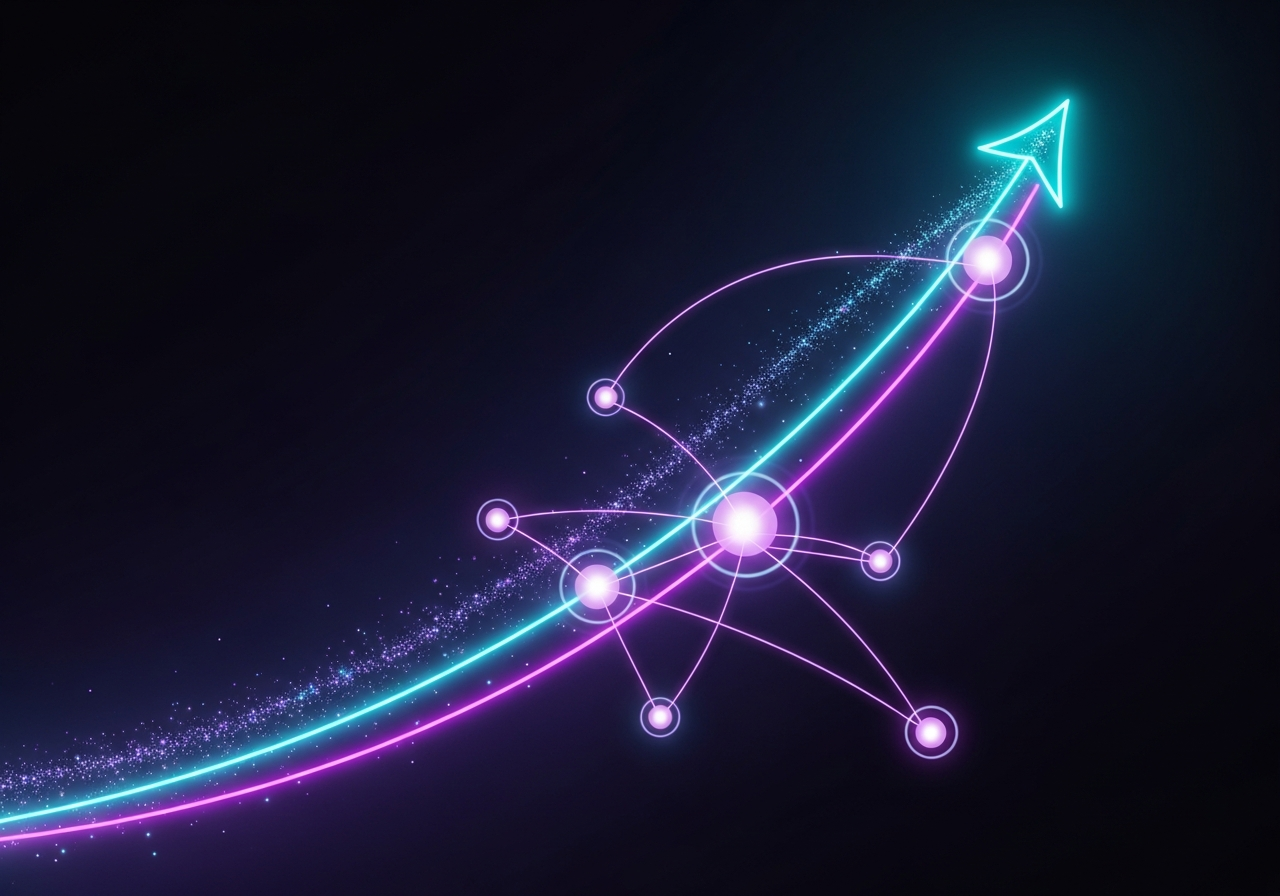 A glowing neon illustration of connected purple stakeholder nodes alongside an ascending cyan and purple adoption curve on a dark background