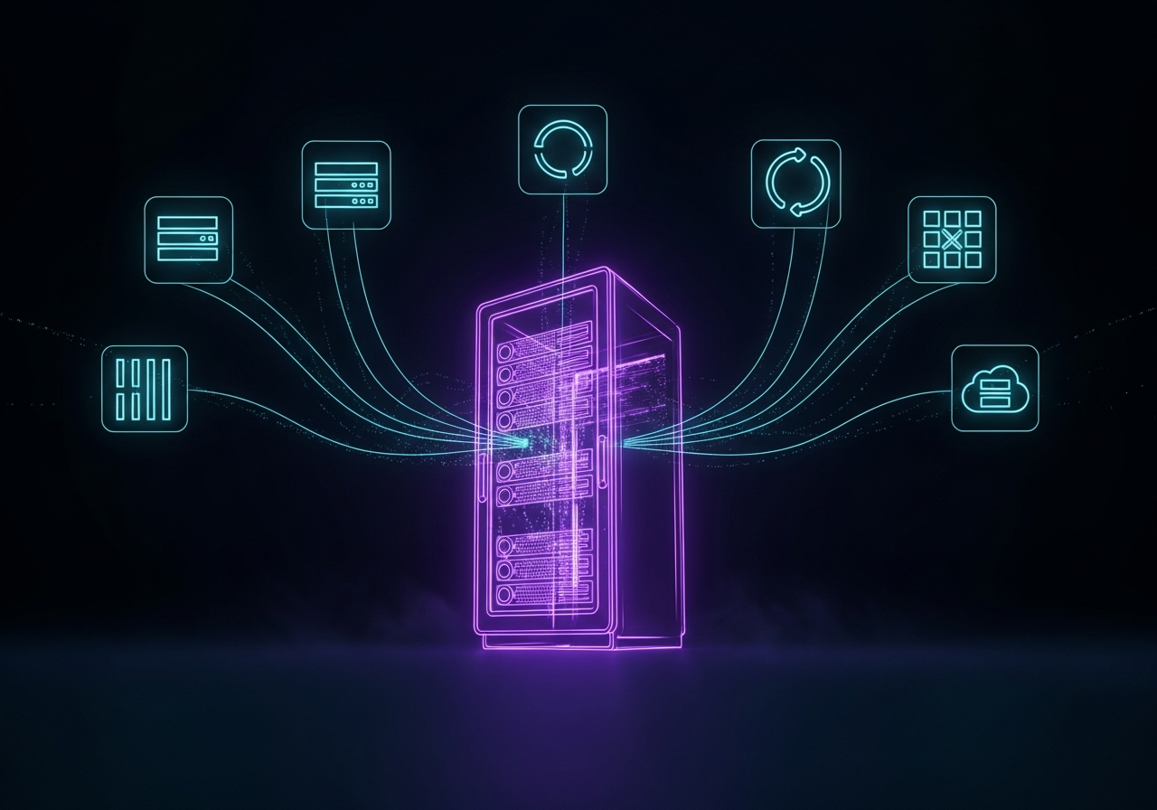 Dark cinematic neon-line illustration of a glowing server and storage rack network with purple and cyan light trails representing PACS data flow