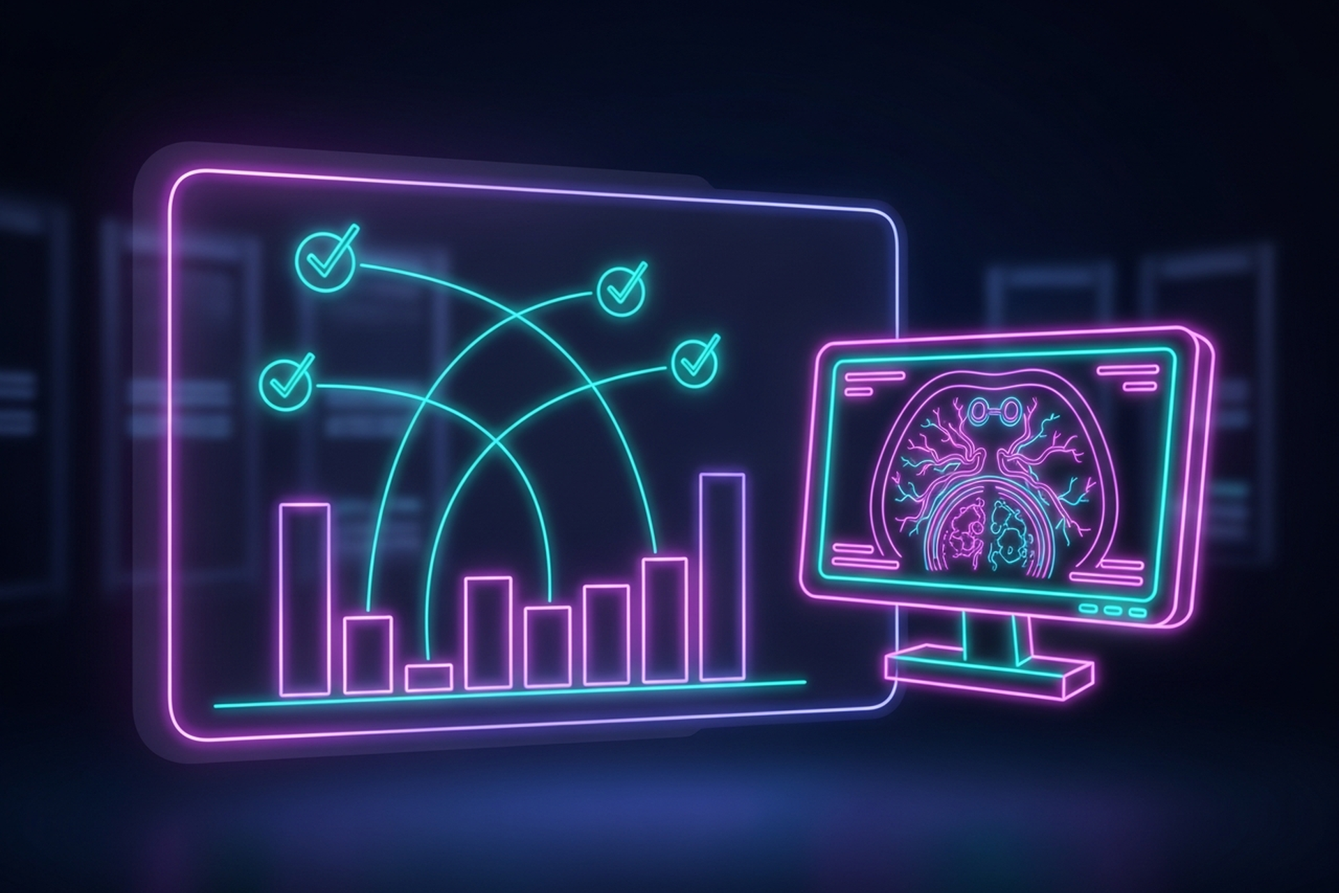 Dark cinematic neon-line illustration of a glowing scorecard panel with checkmark nodes and a weighted bar chart, connected by arcs of light to a monitor displaying a stylized brain scan, with server racks in the background
