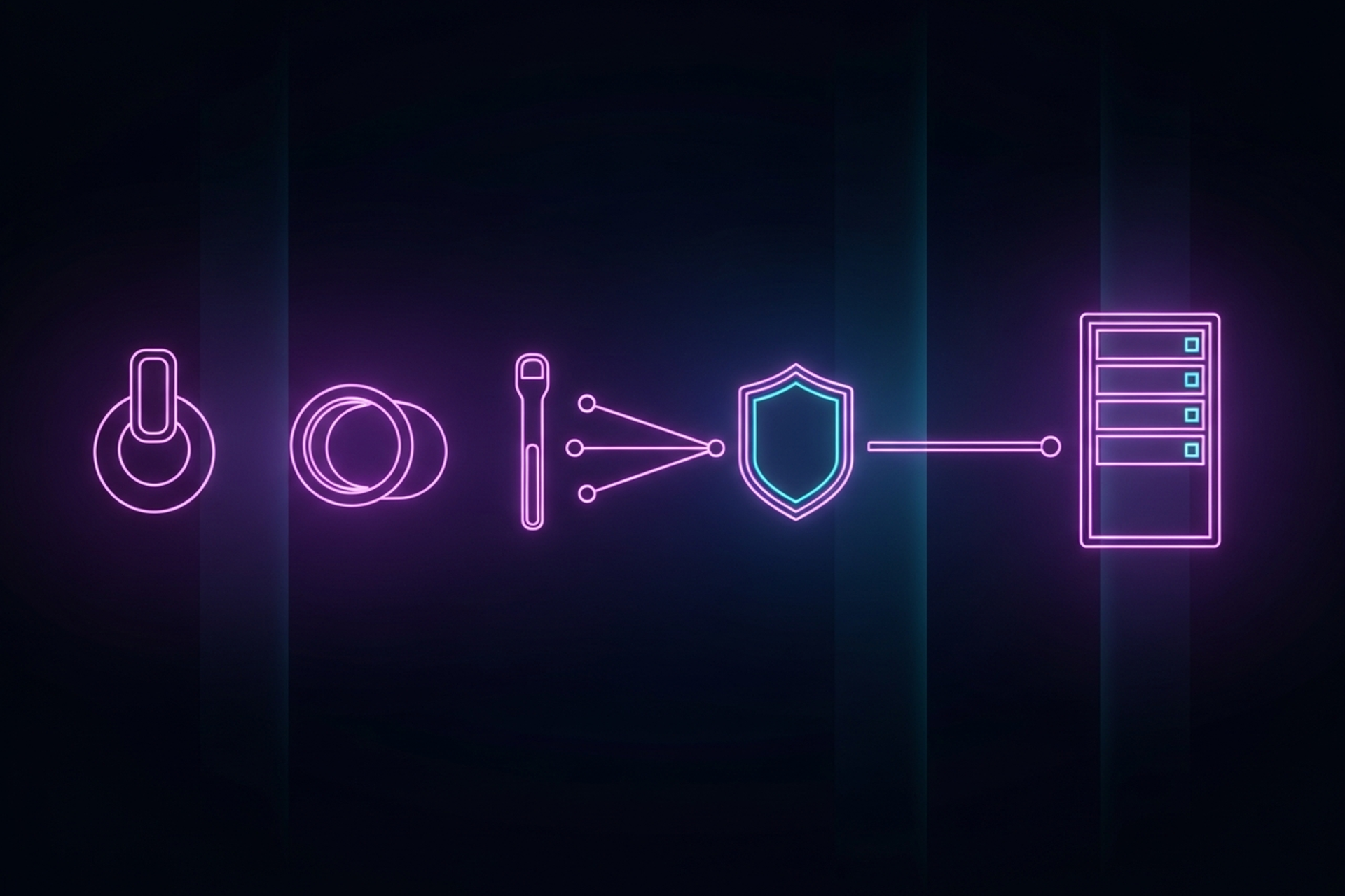 Dark neon-lit illustration of imaging modality nodes connecting through a glowing shield gateway into a segmented central archive
