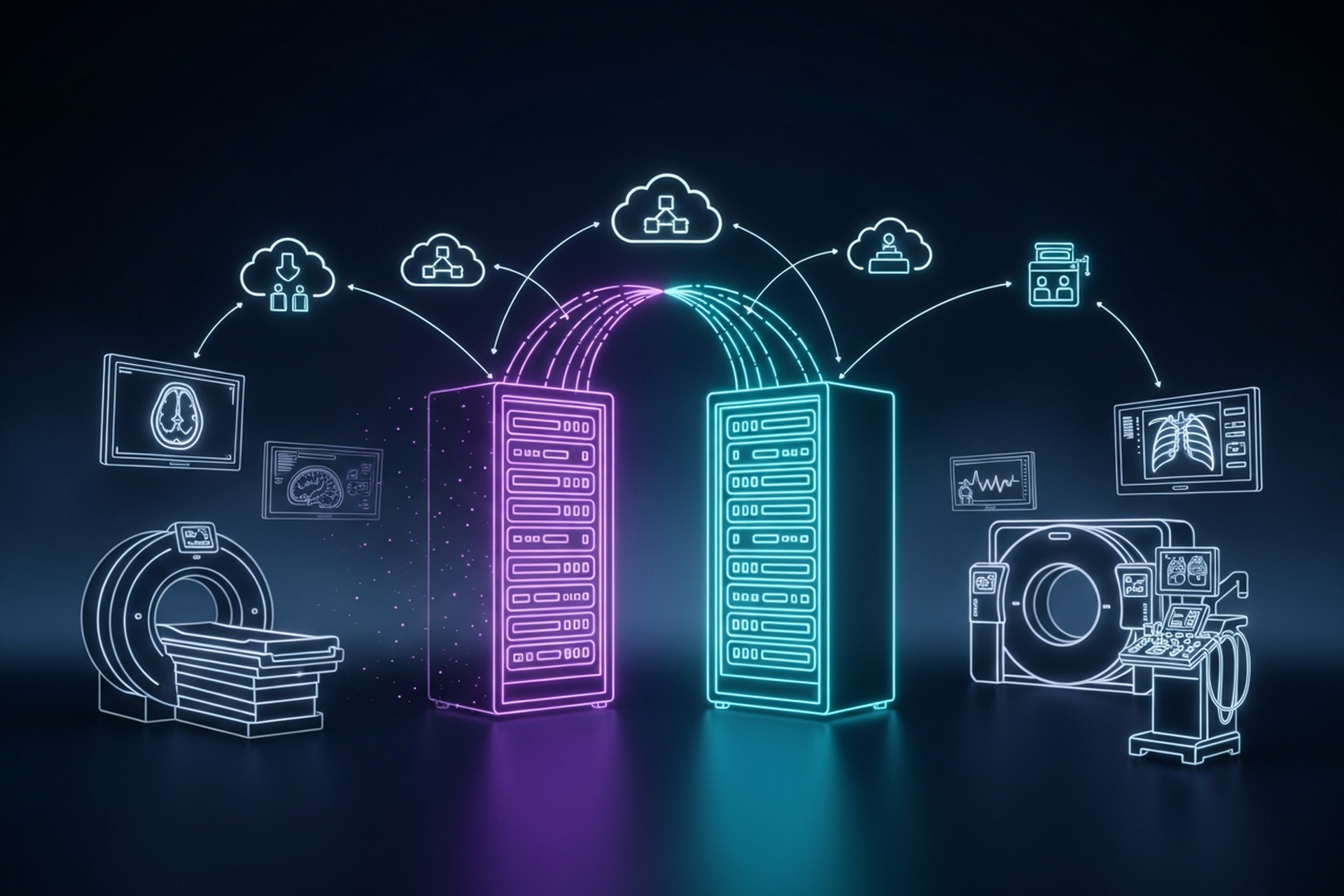 Dark cinematic neon-line illustration of two server racks connected by a glowing arc of data streams, one rack fading out and the other rack lit up, symbolizing a handoff between imaging systems